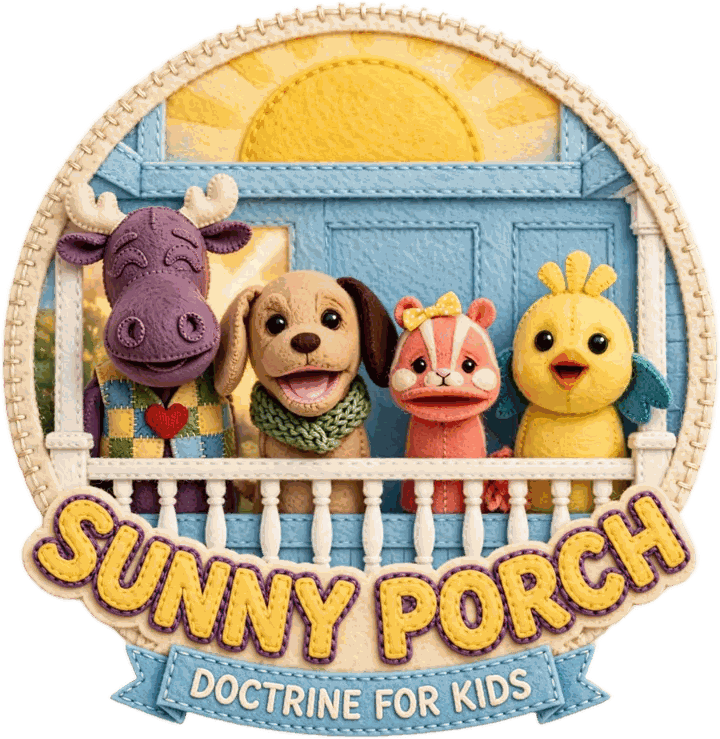 Sunny Porch – Doctrine for Kids: felt puppet friends on a blue porch under a smiling sun